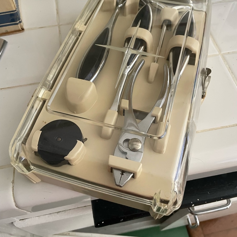 Vintage 1950s Sleek Beige and Black Tool Set and Accessories